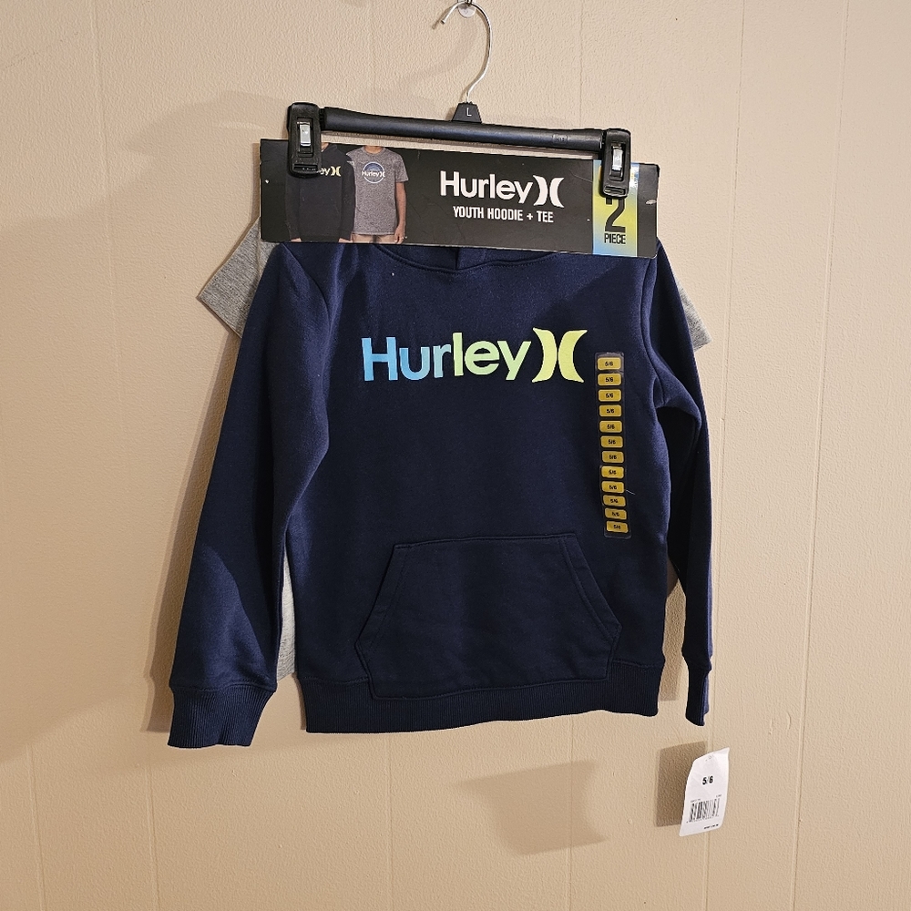 Hurley Size 5/6 2 Piece Set of Gray and Navy Blue Hoodie and Tshirt
